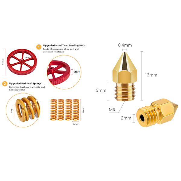 Printer Ekstruder Kit Aluminium Legering Messing Niveaujusteringsmøtrik Fjeder Dysesæt Letvægts Robust 3D Printer Niveaujusteringsdele