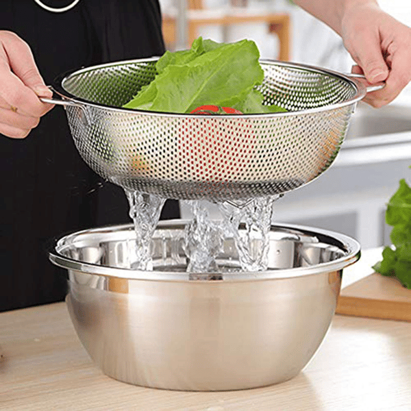 Ris Spaghetti Si Sæt, Let At Rengøre Rustfrit Stålnet Med Foddesign For Overlegen Dræning, 3-Sæt Mikroperforerede Si I Sølv