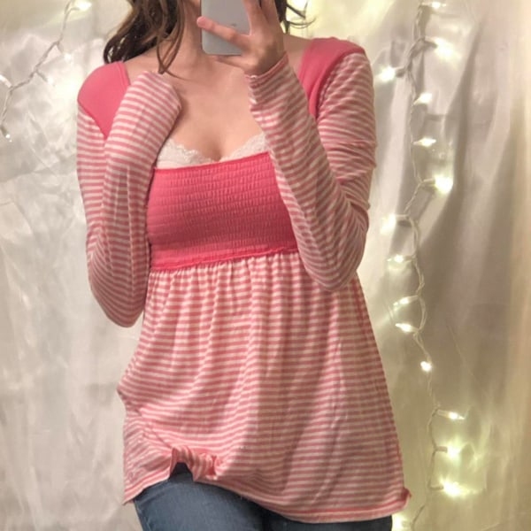 Randig T-shirt för Kvinnor Färgblock Shirrad Byst Långärmad Casual Splicing Blus Rosa XL