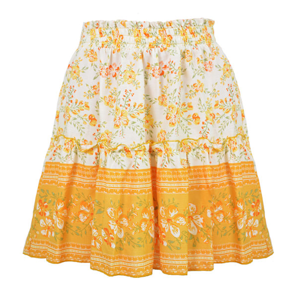 Kvinners Ruffled Hem Skjørt Blomstertrykt Elastisk Etnisk Kort Skjørt For Sommer Vår Høst Gul XL