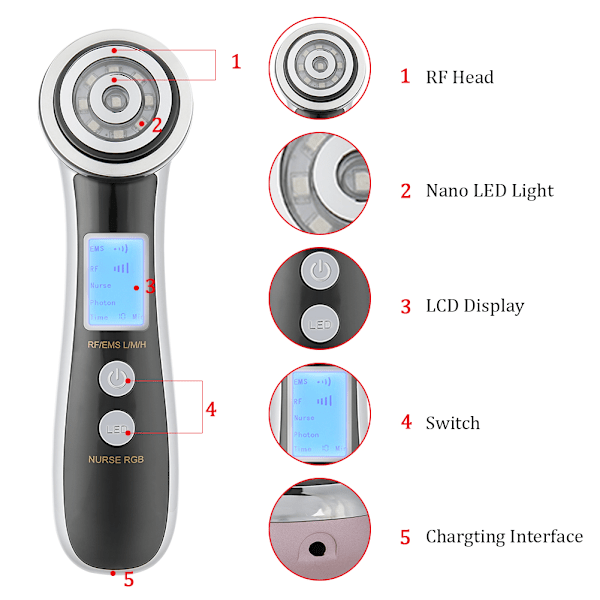 Ny 4-i-1 Photonterapi RF EMS Mikrovibrasjons skjønnhetsmaskin Rynkefjerning Svart Lilla