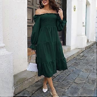 Dam Långärmad Lykta Klänning Off Shoulder Bröst Rynkad Volangärm Enfärgad Fåll Klänning
