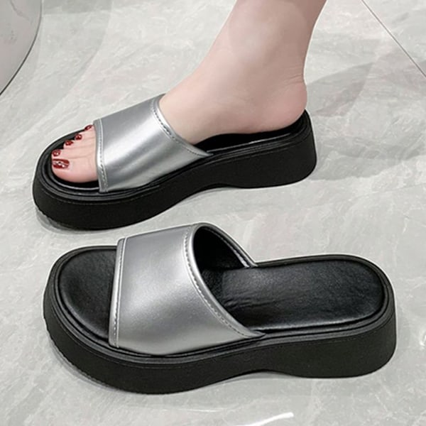 Platform Slidesandaler Bløde Sål Antislip Komfortable Slip On Sandaler til Hjem Strand Shopping Sølv 38