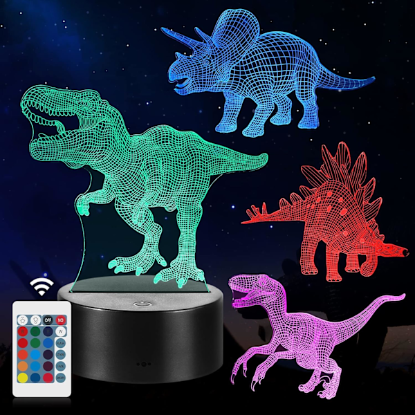 3D Illusionslampa för Barn, Dinosaurie Nattlampa med Justerbar Ljusstyrka och 4 Blinklägen för Kreativ Sovrumsinredning (4 st)