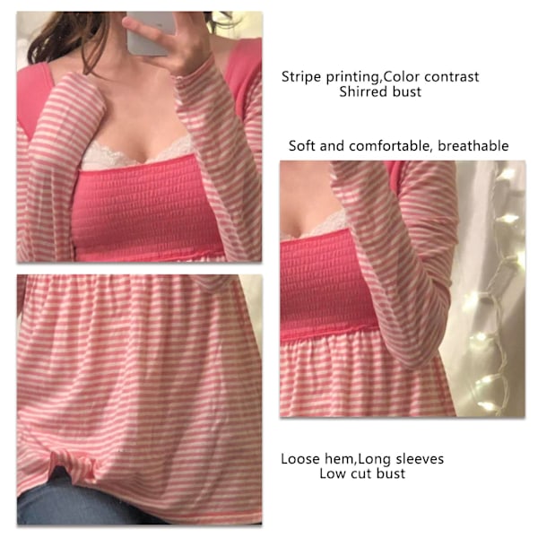 Randig T-shirt för Kvinnor Färgblock Shirrad Byst Långärmad Casual Splicing Blus Rosa XL