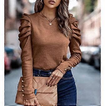 Dam Puff Långärmad Topp Rund Hals Knappdekoration Lös Passform Casual Pullover Blus Brun M