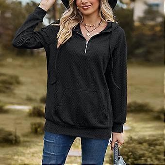Dame Hættetrøje Ensfarvet Langærmet Kvart Lynlås Pullover Toppe med Store Forlommer til Efterår Vinter Sort M