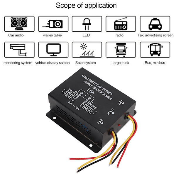 24V til 12V Buck Regulator 15A Bilstrømsomformer 180W Spenningsreduserer for Lastebiler