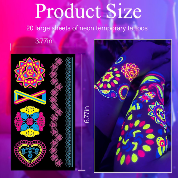 Hållbar kroppsfärg för din festivallook, säkra blacklight-tatueringar som lyser, lättanvända tillbehör, 10 ark med vibrerande temporär färg för din