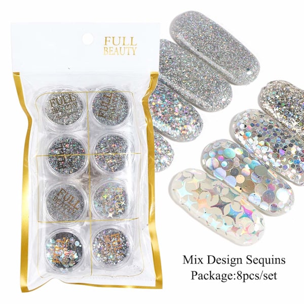 Holografiska Nagelkonst Paljetter, DIY Nagelkonst Glitter Ädelsten för Iögonfallande Naglar, 8 Ask Silver Metallic Glänsande Flakes med Säker Hudvänlig Formula