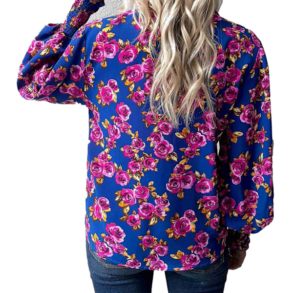 Dam Shirred Tryckt Blus Lykta Ärm Tryckt Skjorta Nedvikt Krage Knappstängning Långärmad Mode Casual Blus Blå L