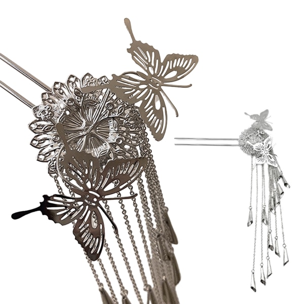 Flower Hair Stick Butterfly Hair Chopsticks Silver Tassel Hair P