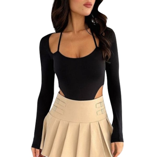 Dam Långärmad Body Halterneck Slim Fit Stretchig Högt Skuren Heldräkt Basic Body Svart M