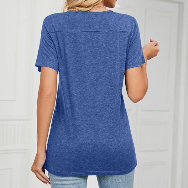 Kvinner Casual Korte Ermer Topp med Knappdekorasjon V-Hals Polyester Løstsittende T-skjorte for Sommer Lys Blå M