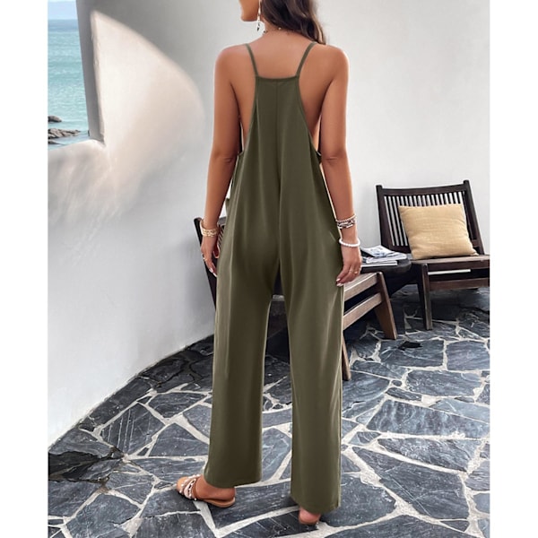 Dam Spaghetti Strap Jumpsuit Lös Passform Casual V-ringad Vida Ben Ärmlös Overall med Fickor OD Grön S