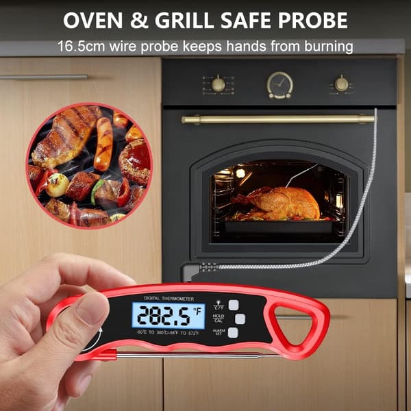 Digital kötttermometer, vikbar sond grilltermometer, hög noggrannhet, med bakgrundsbelyst LCD-display (röd) Red