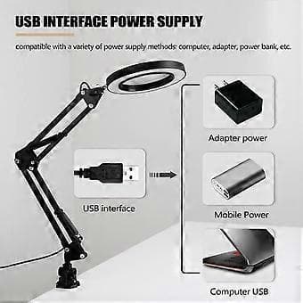 LED Skrivebordslamper med 8X Sammenleggbare Luper, Tre Dimmermoduser, USB-strømforsyning, Leselamper - Med Lupe - Svart