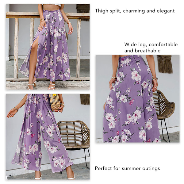 Dame Lange Bukser Vid Ben Højtaljet Bukser Lår Split Knyde Knuder Bukser Sommer Casual Bukser Lilla Blomsterprint M