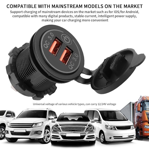 Billaddare Dubbel USB-port QC3.0 Snabbladdning med Tryckbrytare för 12‑24V Båt Motorcykel ATV RV Blå LED-indikator