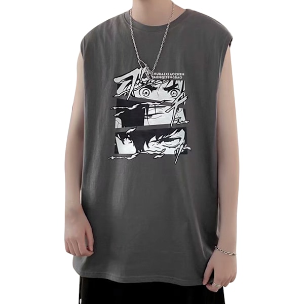 Mænd Tanktop Smuk Print Ærmeløs Løstsiddende Vest Skåret Skjorte til Hjemmetræning Grå XL