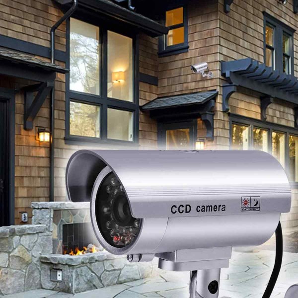 2 x dummy-kamera udendørs dummy-kamera til indendørs eller udendørs brug med blinkende LED-kugleform Guazhuni-sølv