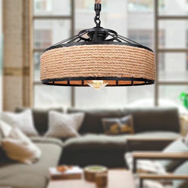 Diamantformad Pendellampa, Retro-Industriell Design, Högkvalitativ Järnram & Naturligt Hamprep, Väggbelysning För Vardagsrum & Restaurang