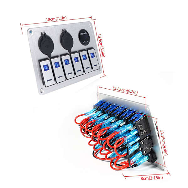 Rocker Switch Panel 6 Gang Til/Fra Blå LED Lys 2.1A Dobbelt USB Oplader Port Aluminium Legering til Bil RV