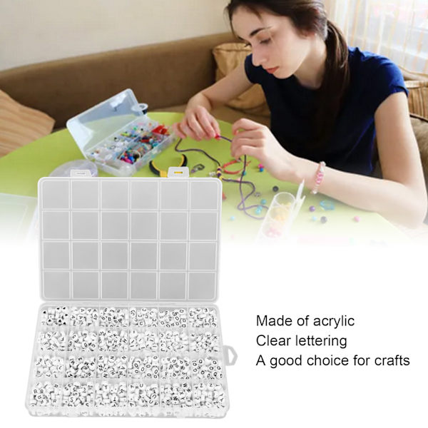 1200 stk Akryl Bogstavperler Klar Engelsk Skrift DIY Runde Bogstavperler med 0,8 Elastisk Kabel Hvid