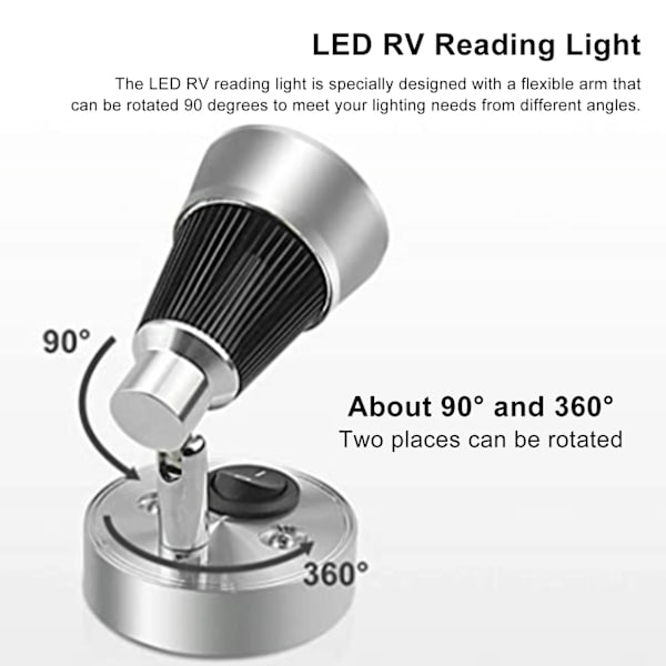 LED RV Leselys 10‑30V 3W 90° Rotterbar Justerbar med Bryter for Soverom Hytte Lastebil Tilhenger Båt Yacht Nøytralt Lys