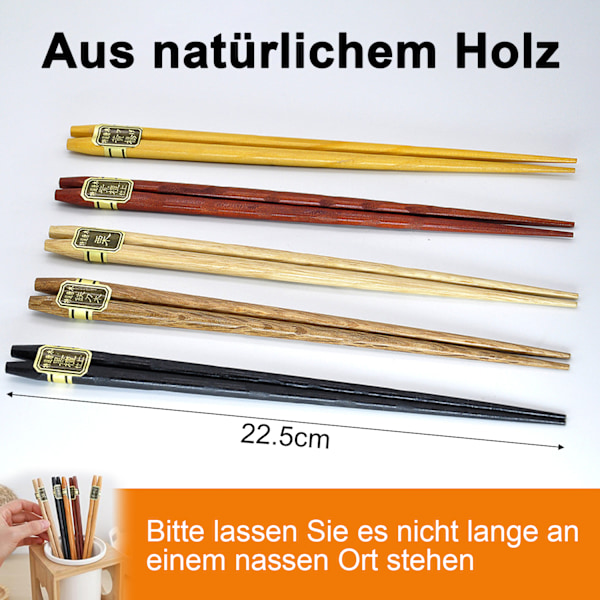 Träningspinnar, japansk stil: 5 par flerfärgade bambupinnar med etui, 22,5 cm, säkert och hälsosamt omålat trä, BPA-fritt, lättviktigt
