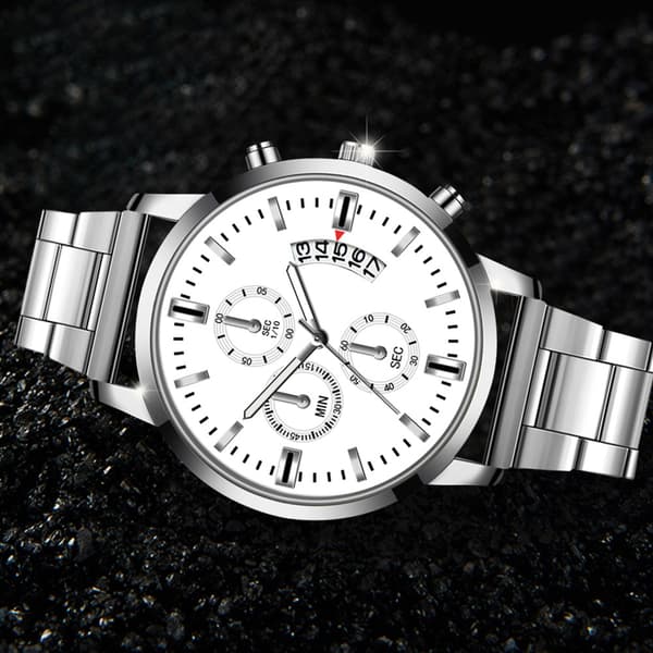 Herre Quartz Kalender Ur Rund Urskive Stålbælte Armbåndsur Sølv Sort
