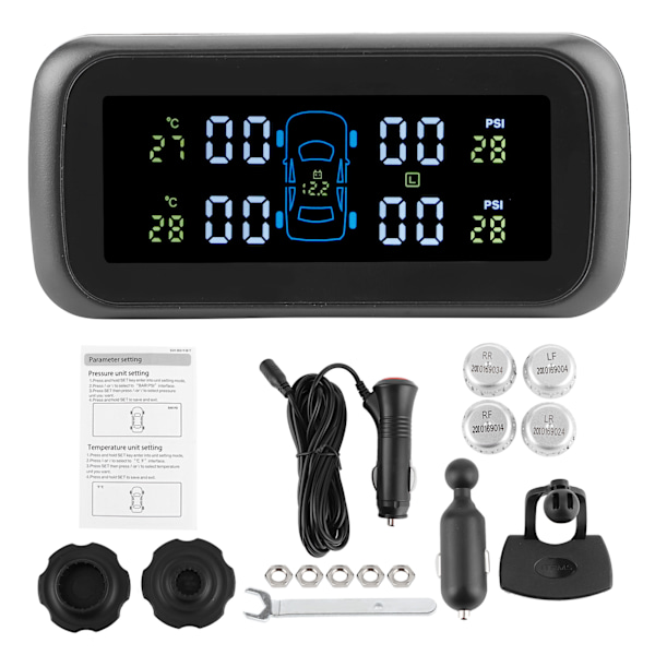 Trådløst Dækpressionsovervågningssystem LCD Display Monitor Bil TPMS med 4 Sensorer