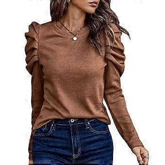 Dame Puff Langermet Topp Rund Hals Knappdekorasjon Løs Passform Casual Pullover Bluse Brun M