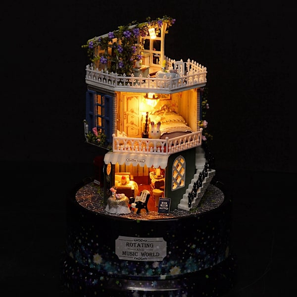 Kreativ DIY Dockhus Drömhus Miniatyr med Roterande Musiklåda Dammskydd LED-Ljus