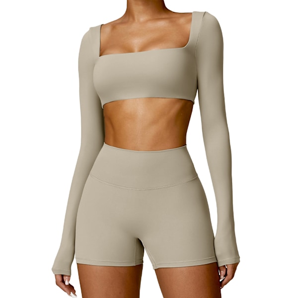 Dam 2-delat Yoga Set Mode Avslappnad Snabbtorkande Andningsbar Elastisk Dam Långärmad Topp Hög Midja Shorts Brun L