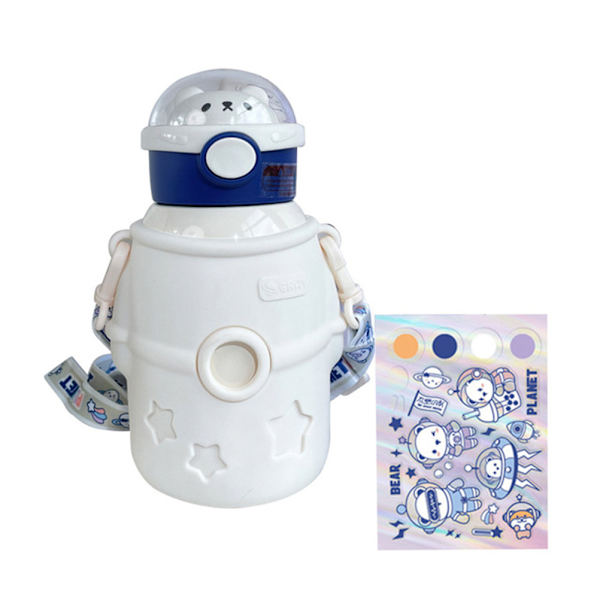 Bærbar Kawaii Vannflaske med Sugerør 500ml Isolerte Vannflaske i Rustfritt Stål Søt Astronaut Bjørn Vannflasker for Skole Trening Reise Piknik