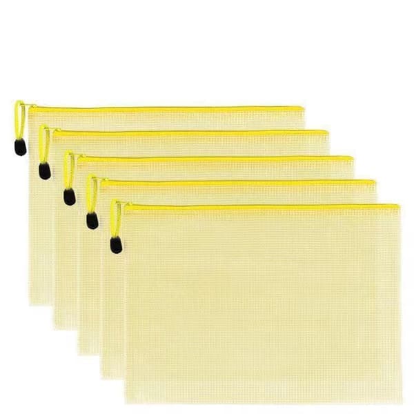 5 hvite A4 plastmapper med glidelås, PVC M