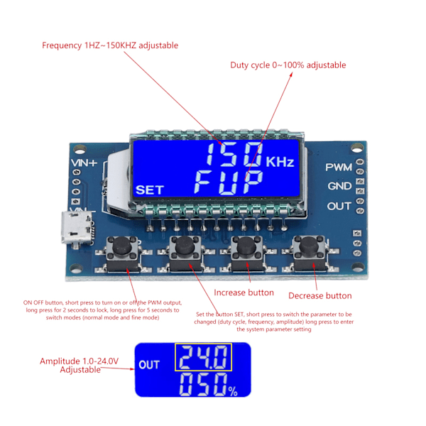 PWM Puls-Kvadratvågssignalgeneratormodul med LCD-display och justerbar frekvens