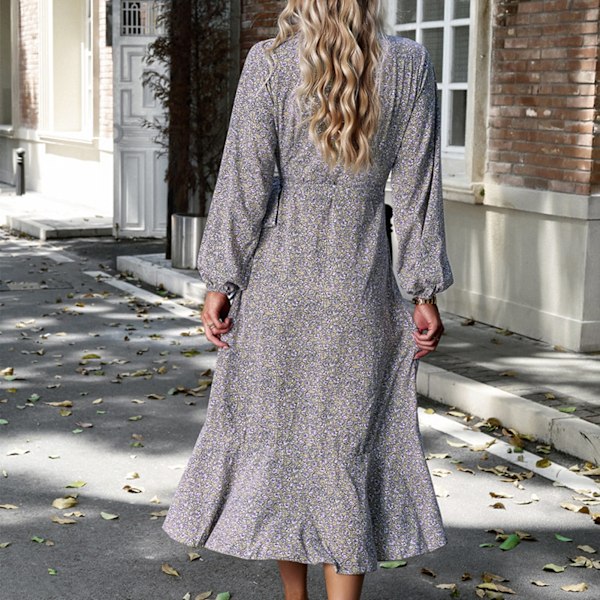 Dam Volang Lång Klänning Blommig Tryckt Casual Figursydd Långärmad V-ringad Oregelbunden Kors Lång Klänning Khaki S