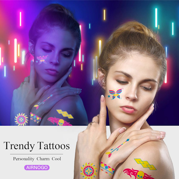 Hållbar kroppsfärg för din festivallook, säkra blacklight-tatueringar som lyser, lättanvända tillbehör, 10 ark med vibrerande temporär färg för din