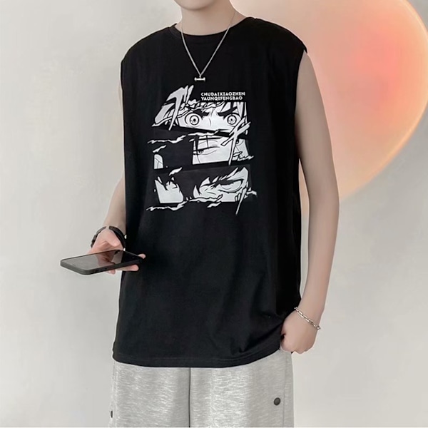 Mænd Tanktop Smuk Print Ærmeløs Løstsiddende Vest Skåret Skjorte til Hjemmetræning Sort XL