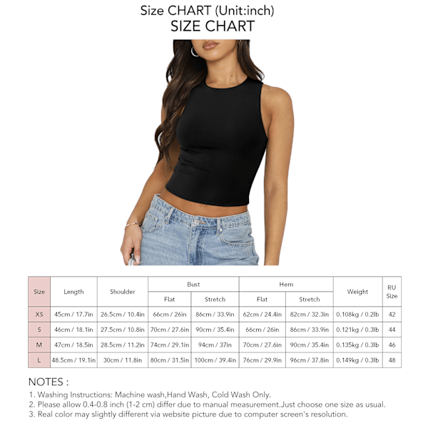 Dam Enfärgad Ärmlös Tank Top Rund Hals Kort Ren Färg Slim Fit Elastisk Stilren Tank Top Svart XS