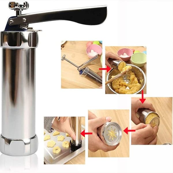 Press Aluminium Press Sett Kake Maker Konditori Press med 20 Tips og 4 Tynne Deig Spray Tips Rustfritt Stål Sølv