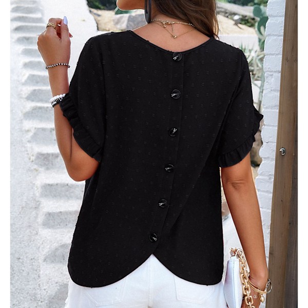 Kortärmad Jacquard Blus Enfärgad Casual Figursydd Volangdetalj Rund Hals Jacquard Blus för Kvinnor Svart XL