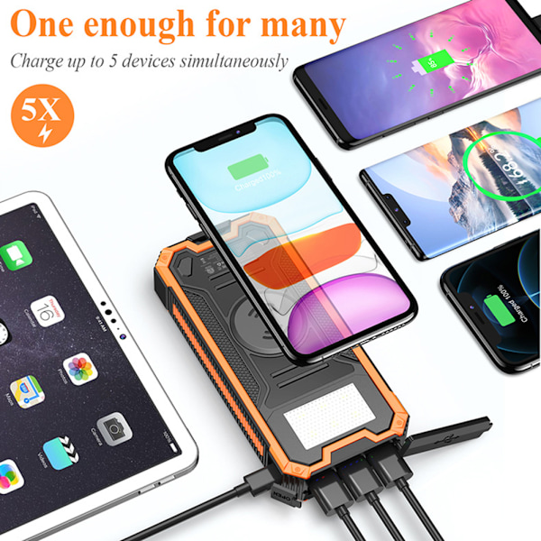 Trådlös Solcellsladdare 30000mAh Vattentät Solcellsladdare DP Snabbladdning med LED-ficklampor Extern Batteripack för Utomhuscamping