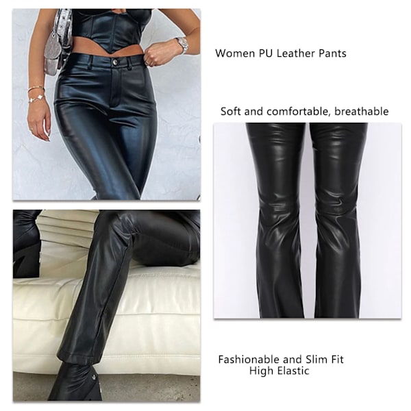 Dam Hög Elastisk PU Läderbyxor Raka Ben PU Läder Leggings Stretch Slim Fit Trendiga Långbyxor Svart S