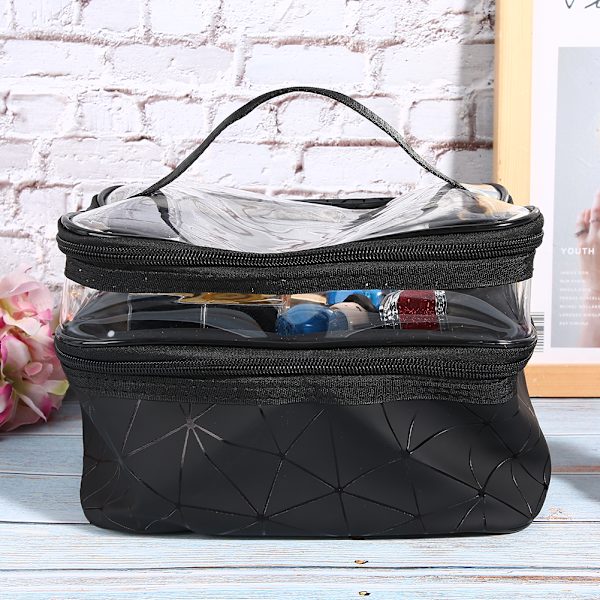 Mulifunktionel Kosmetikpose Dobbelt Lag Portabel Makeup Taske Toiletartikler Opbevaring Organizer Sort