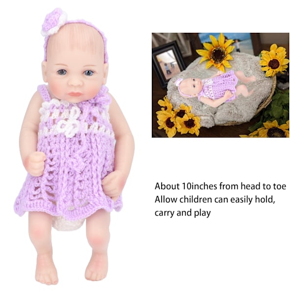 10 tum Reborn Babydockor Rörliga Lemmar Mjuk Silikon Livslik Tvättad Stickad Kjol Barn Dockleksak Lila Pojkdocka