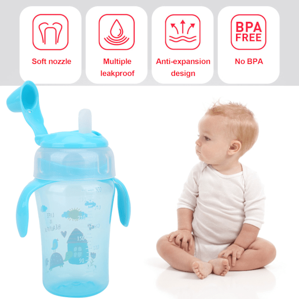 Silikon Søt Mønster Baby Lærings Drikkkopp Lekkasjesikker Spedbarns Andenebbkopp Flaske 300ml Blå