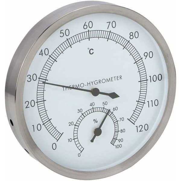 Dampbadstermometer, rustfrit stålkabinet sikrer høj materialebestandighed, vægmonterbart design med letlæselig skala, pålidelig og